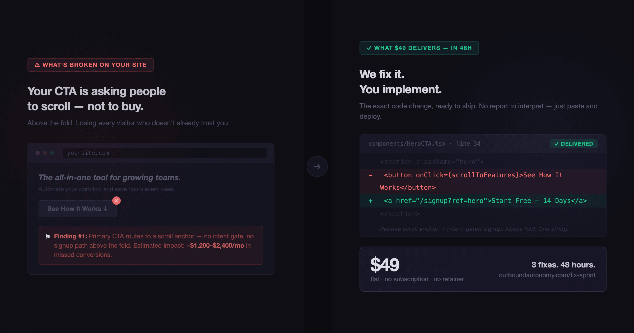 Before/after: passive CTA to intent-gated signup, delivered as a code diff
