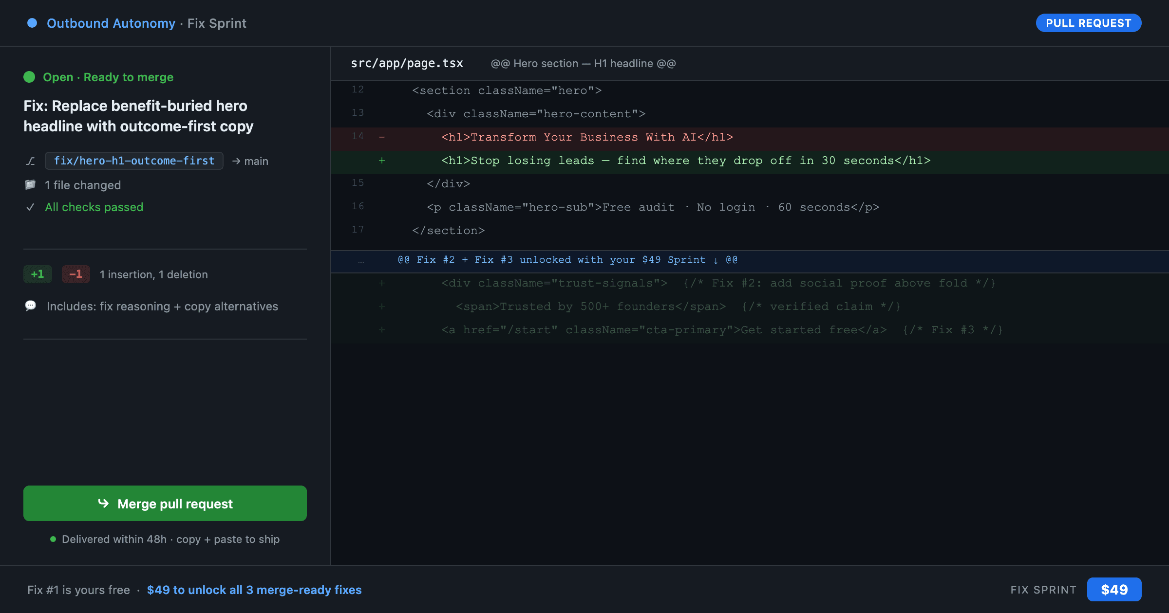 Sample fix sprint deliverable — a PR-ready diff showing the exact line change for your top issue